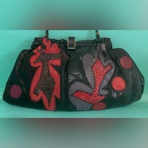 Vintage 80s 90s Color Block Purse Clutch Leather Varon Black Red Purple